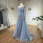 Vestido de noche árabe azul con escote corazón y sirena, con sobrefalda de cuentas - Vestidos de lujo para bodas de mujer 2025 LA72548