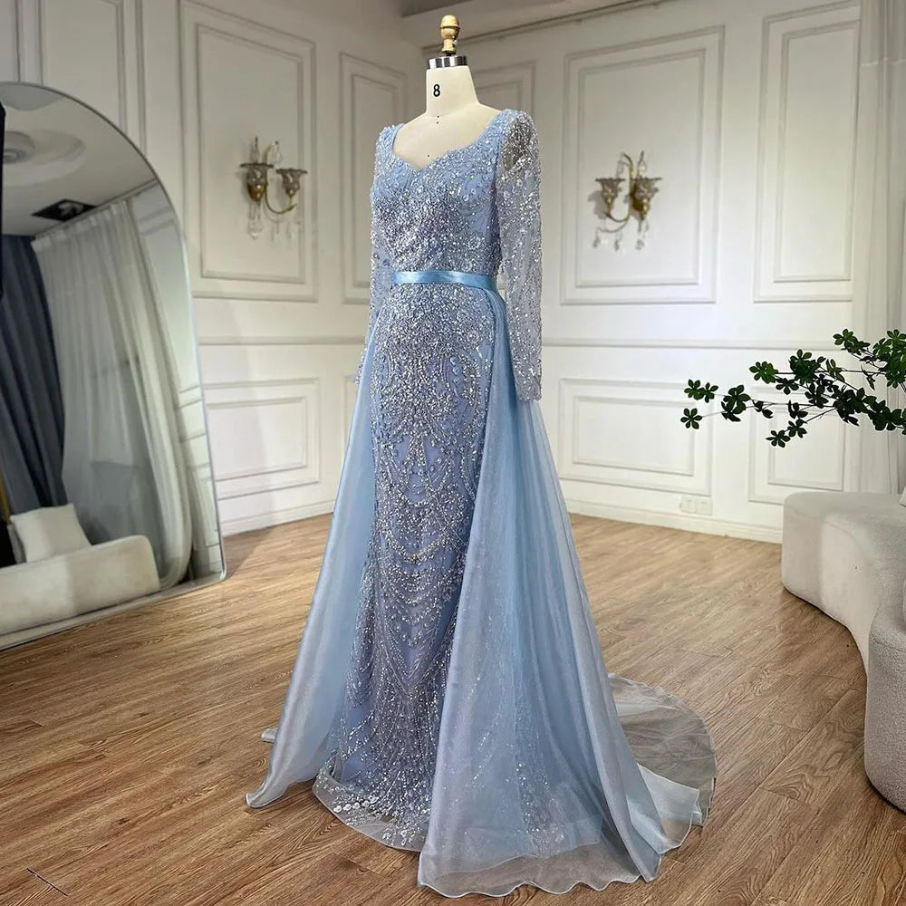 Arabisches blaues Abendkleid im Meerjungfrauenstil mit herzförmigem Ausschnitt und Perlenüberrock – Luxuskleider für die Hochzeitsfeier der Frau 2025 LA72548 