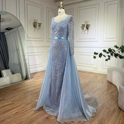 Arabisches blaues Abendkleid im Meerjungfrauenstil mit herzförmigem Ausschnitt und Perlenüberrock – Luxuskleider für die Hochzeitsfeier der Frau 2025 LA72548 