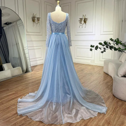 Arabisches blaues Abendkleid im Meerjungfrauenstil mit herzförmigem Ausschnitt und Perlenüberrock – Luxuskleider für die Hochzeitsfeier der Frau 2025 LA72548 