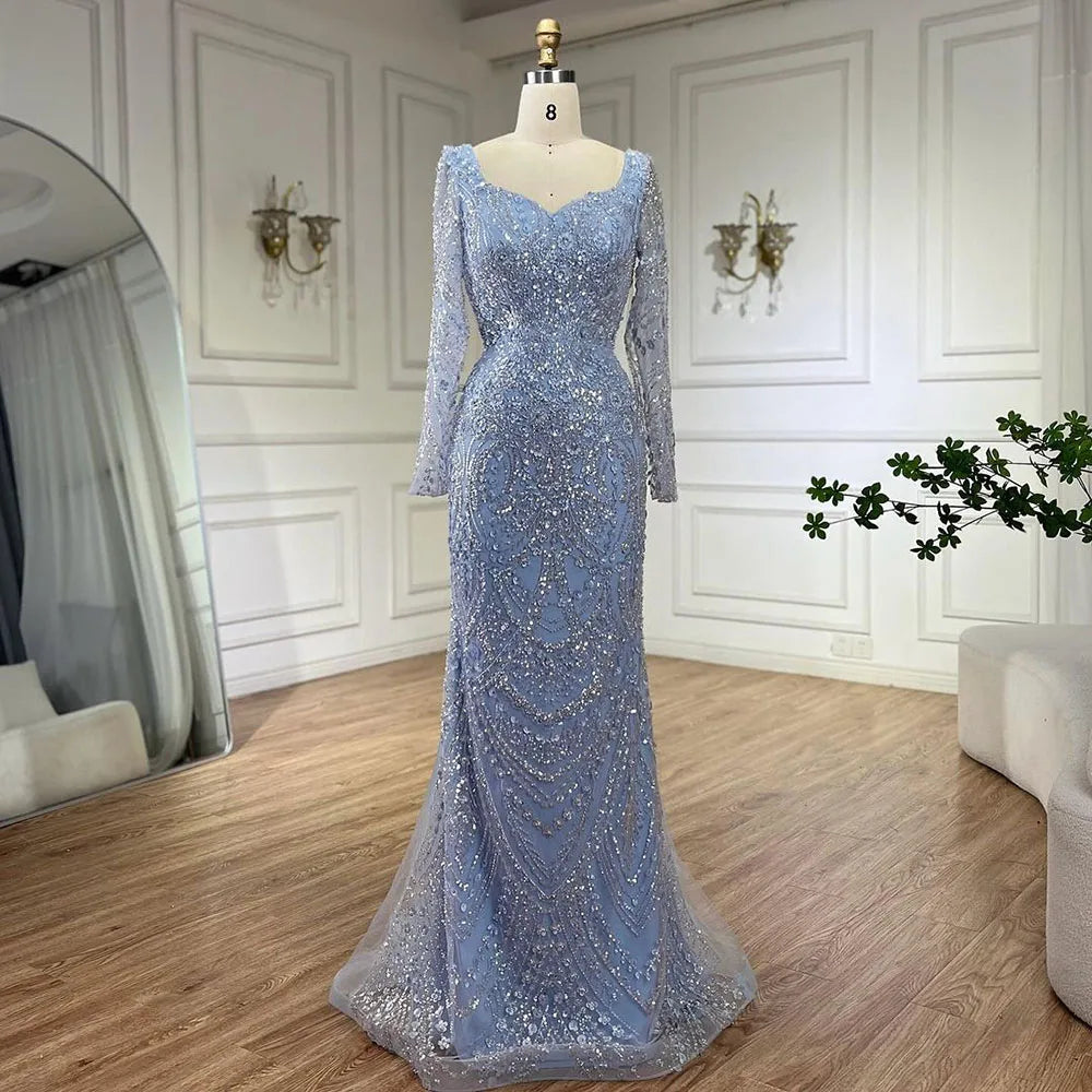 Arabisches blaues Abendkleid im Meerjungfrauenstil mit herzförmigem Ausschnitt und Perlenüberrock – Luxuskleider für die Hochzeitsfeier der Frau 2025 LA72548 
