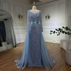 Vestido de noche árabe azul con escote corazón y sirena, con sobrefalda de cuentas - Vestidos de lujo para bodas de mujer 2025 LA72548