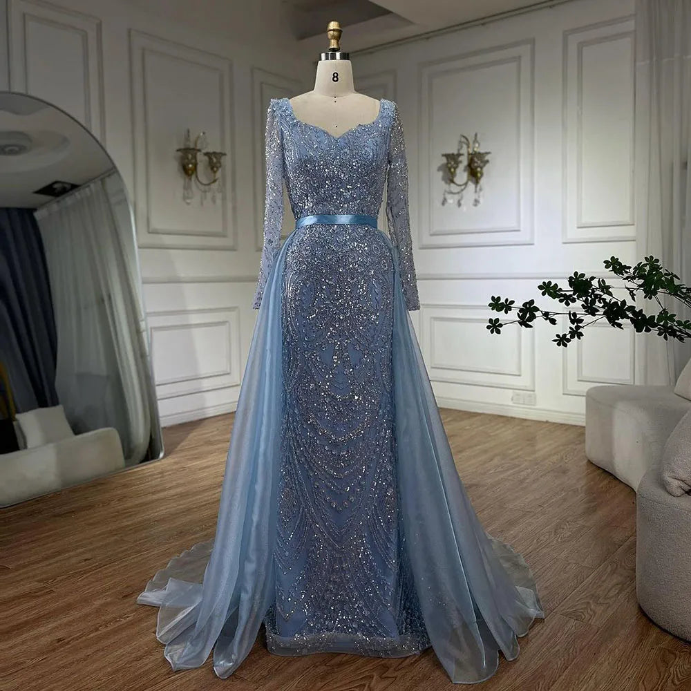 Arabisches blaues Abendkleid im Meerjungfrauenstil mit herzförmigem Ausschnitt und Perlenüberrock – Luxuskleider für die Hochzeitsfeier der Frau 2025 LA72548 