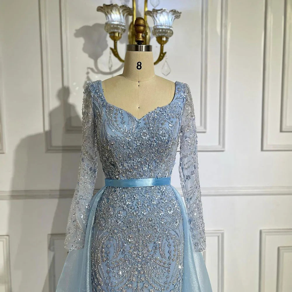 Arabisches blaues Abendkleid im Meerjungfrauenstil mit herzförmigem Ausschnitt und Perlenüberrock – Luxuskleider für die Hochzeitsfeier der Frau 2025 LA72548 