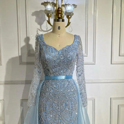 Arabisches blaues Abendkleid im Meerjungfrauenstil mit herzförmigem Ausschnitt und Perlenüberrock – Luxuskleider für die Hochzeitsfeier der Frau 2025 LA72548 