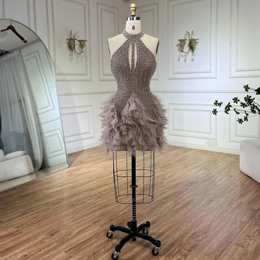 Arabisch Braun Elegante Kurze Kleider Perlen Federn Meerjungfrau Cocktail Kleider 2025 Für Frauen Party Couture LA72549 