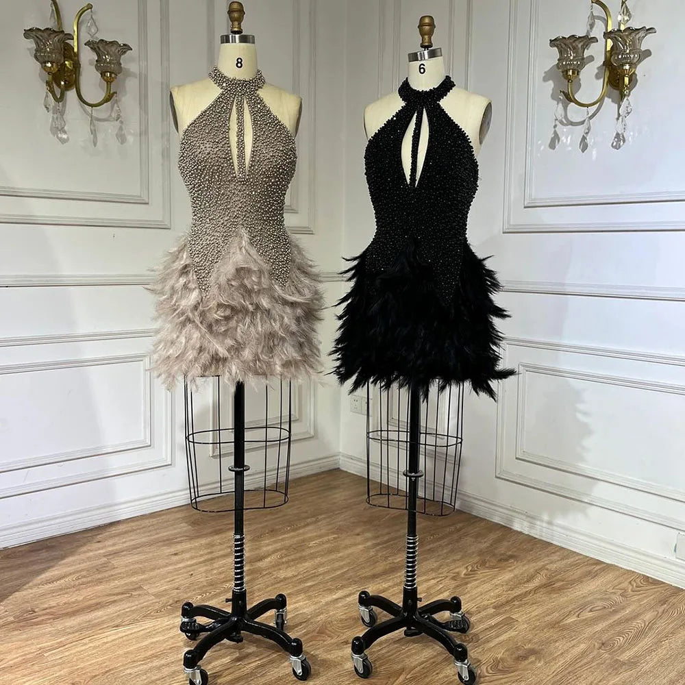 Arabisch Braun Elegante Kurze Kleider Perlen Federn Meerjungfrau Cocktail Kleider 2025 Für Frauen Party Couture LA72549 