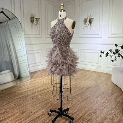 Arabisch Braun Elegante Kurze Kleider Perlen Federn Meerjungfrau Cocktail Kleider 2025 Für Frauen Party Couture LA72549 