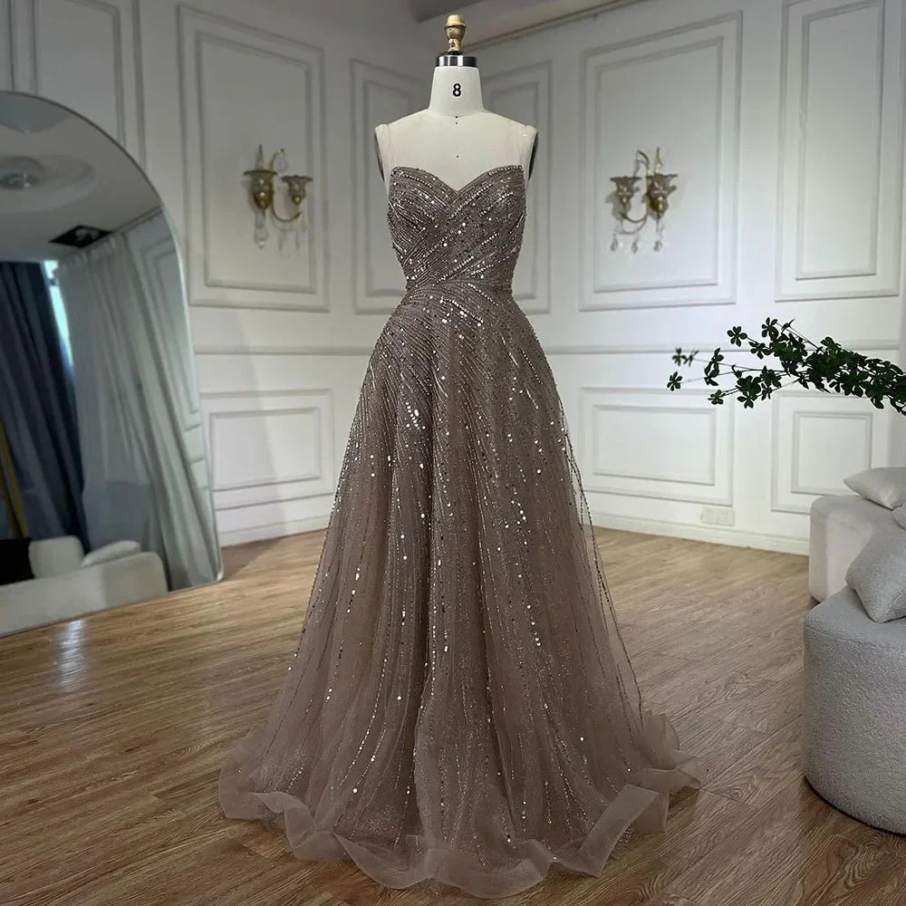 Arabic Caramel A Line Strapless Beaded Luxury Dubai Evening Dresses Gowns For Women Wedding Party 2025 LA72563