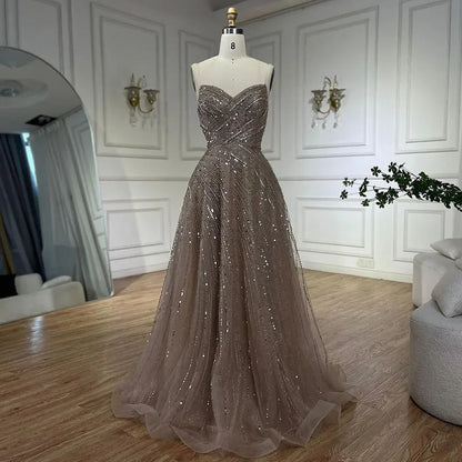 Vestidos de noche de lujo estilo Dubái, color caramelo árabe, sin tirantes, con cuentas, para mujer, para boda, fiesta, 2025, LA72563 