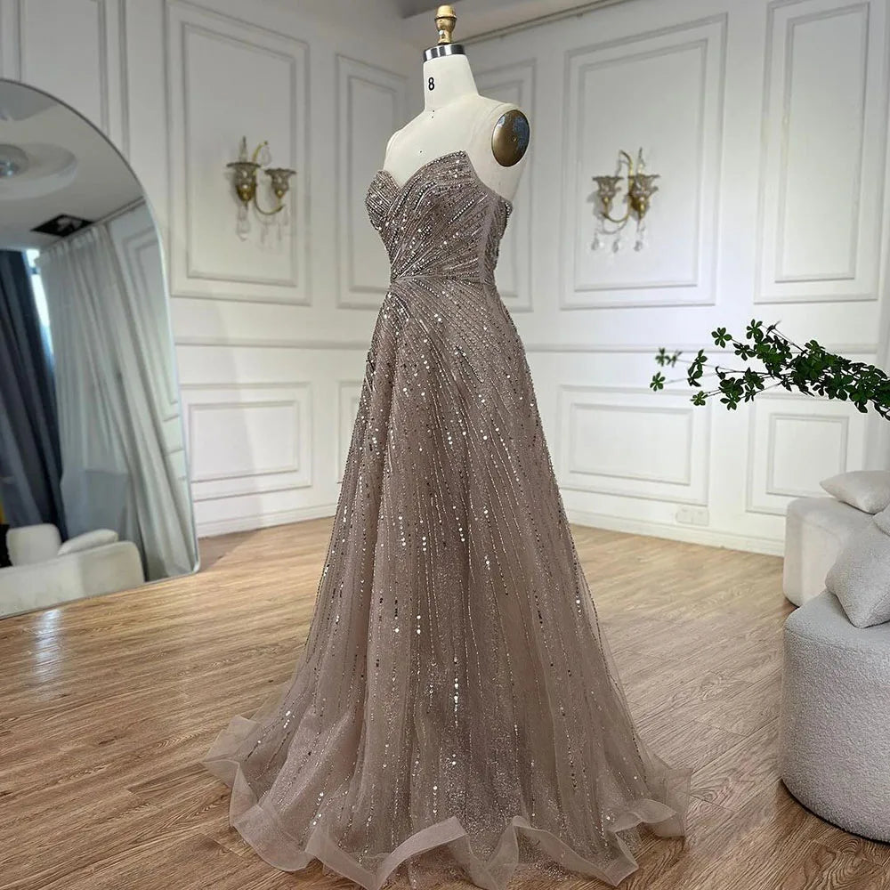 Arabic Caramel A Line Strapless Beaded Luxury Dubai Evening Dresses Gowns For Women Wedding Party 2025 LA72563