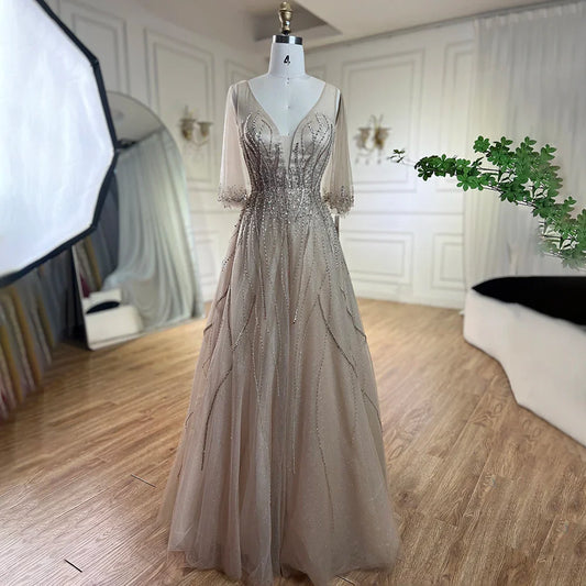 Arabisch Karamell EINE Linie Dubai Abendkleider Kleider 2025 Perlen Luxus Für Frauen Hochzeit Party LA72252 