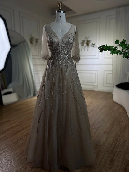 Arabisch Karamell EINE Linie Dubai Abendkleider Kleider 2025 Perlen Luxus Für Frauen Hochzeit Party LA72252 
