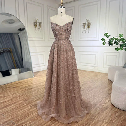 Vestido de noche largo elegante, sin tirantes, de lujo, con cuentas y corte en A, color caramelo árabe para mujer - Fiesta de bodas 2025 LA72147 