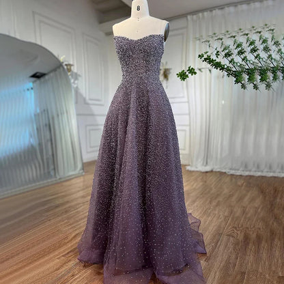 Vestido de noche largo elegante, sin tirantes, de lujo, con cuentas y corte en A, color caramelo árabe para mujer - Fiesta de bodas 2025 LA72147 