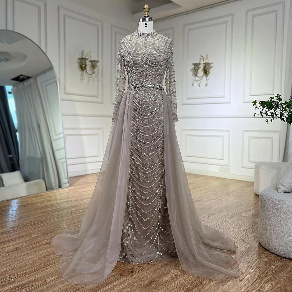Arabic Caramel Beaded Overskirt Dubai Mermaid Evening Gown Luxury Dresses for Woman's Wedding Party LA72362A
