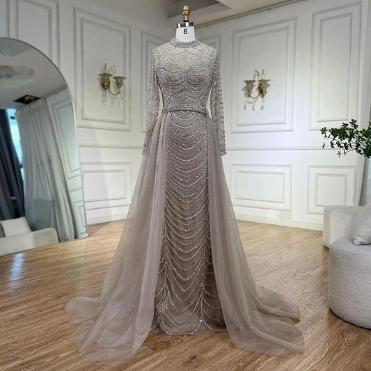 Vestido de noche estilo sirena de Dubái con falda de cuentas color caramelo árabe, de lujo, para boda de mujer, LA72362A 