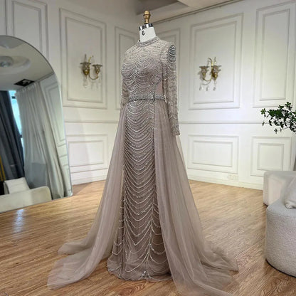 Vestido de noche estilo sirena de Dubái con falda de cuentas color caramelo árabe, de lujo, para boda de mujer, LA72362A 
