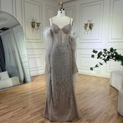 Vestido de noche largo con capa y plumas, elegante, estilo sirena, color caramelo árabe, para mujer, para fiesta de boda, LA72551 