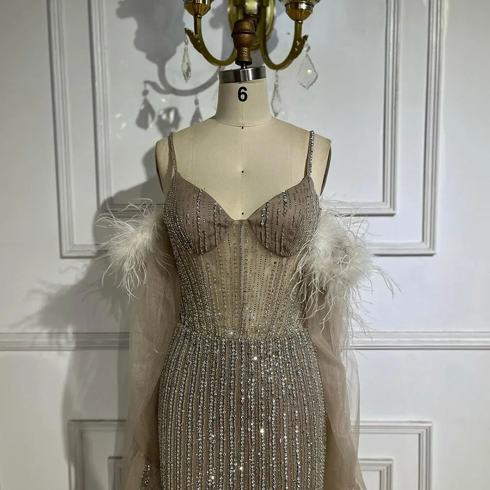 Arabisch Karamell Elegante Meerjungfrau Perlen Federn Langen Mantel Abendkleider Kleider Für Frauen Hochzeit Party LA72551 