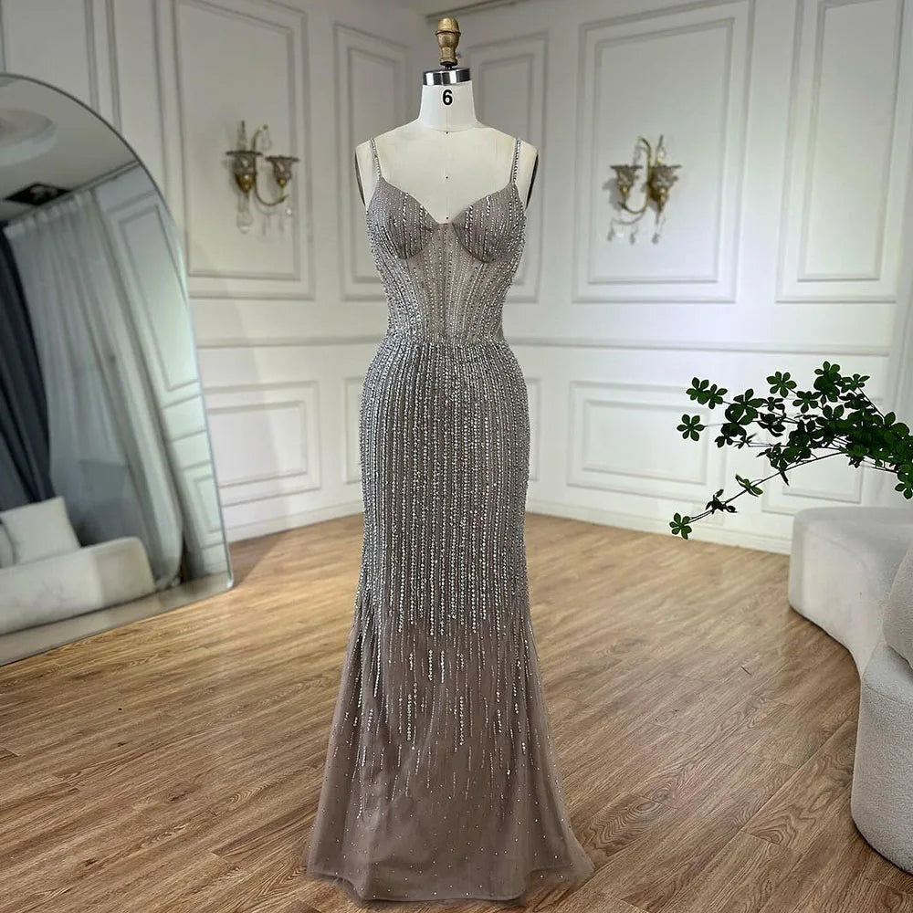 Arabisch Karamell Elegante Meerjungfrau Perlen Federn Langen Mantel Abendkleider Kleider Für Frauen Hochzeit Party LA72551 