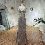 Arabisch Karamell Elegante Meerjungfrau Perlen Federn Langen Mantel Abendkleider Kleider Für Frauen Hochzeit Party LA72551 