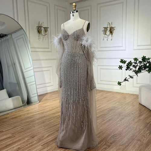 Arabic Caramel Elegant Mermaid Beaded Feathers Long Cloak Evening Dresses Gowns For Women Wedding Party LA72551
