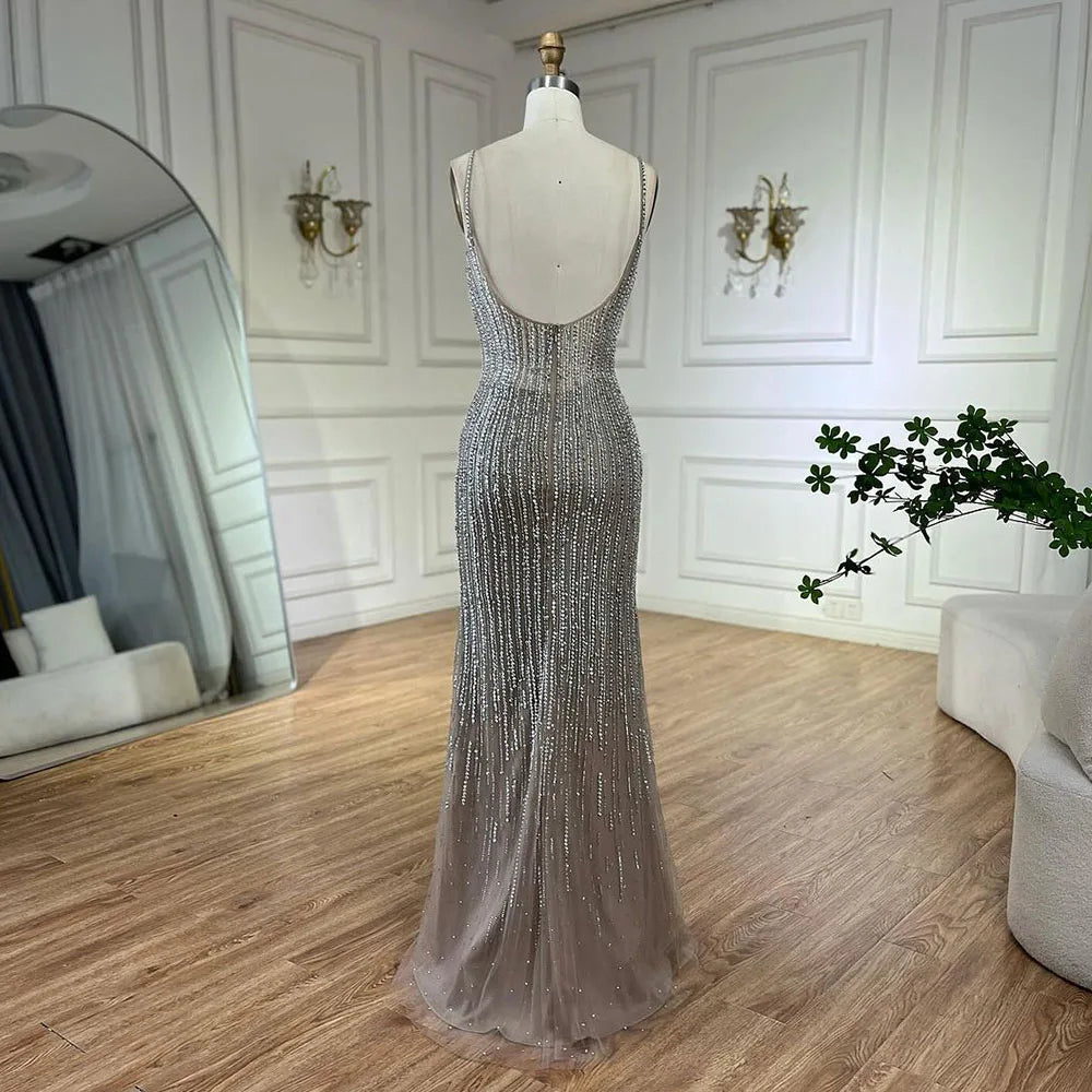 Arabisch Karamell Elegante Meerjungfrau Perlen Federn Langen Mantel Abendkleider Kleider Für Frauen Hochzeit Party LA72551 