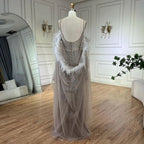 Arabisch Karamell Elegante Meerjungfrau Perlen Federn Langen Mantel Abendkleider Kleider Für Frauen Hochzeit Party LA72551 