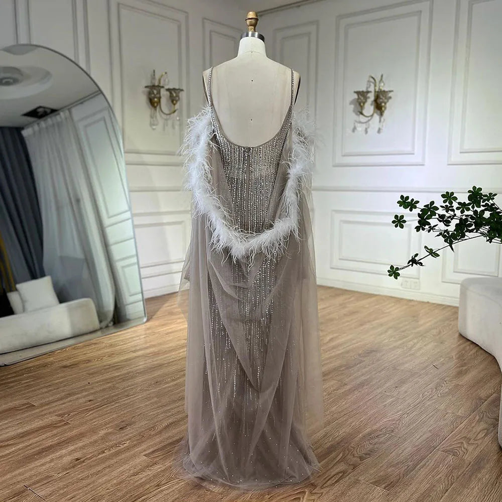 Vestido de noche largo con capa y plumas, elegante, estilo sirena, color caramelo árabe, para mujer, para fiesta de boda, LA72551 