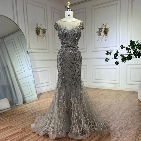Vestidos de noche estilo sirena con plumas y cuentas color caramelo árabe para mujer, vestidos de noche para boda 2025 LA72519 