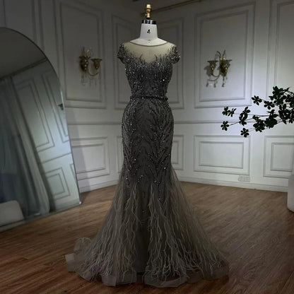 Vestidos de noche estilo sirena con plumas y cuentas color caramelo árabe para mujer, vestidos de noche para boda 2025 LA72519 