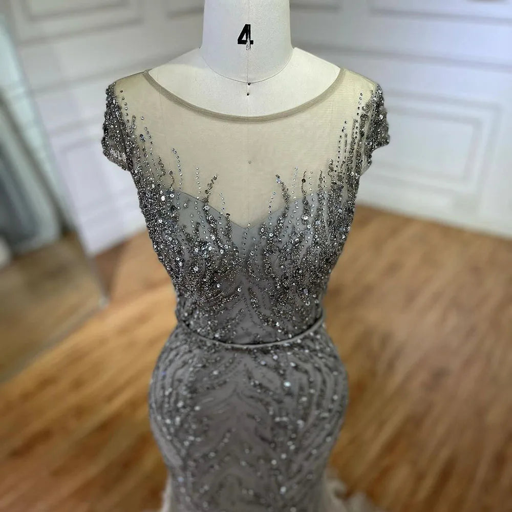 Vestidos de noche estilo sirena con plumas y cuentas color caramelo árabe para mujer, vestidos de noche para boda 2025 LA72519 