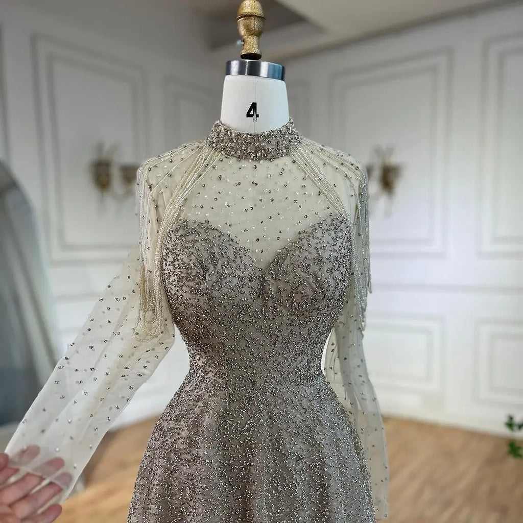 Arabisch Nude Meerjungfrau Perlen Quaste Abendkleider Luxus Kleider 2025 für Frauen Hochzeit Party 2025 LA72570 