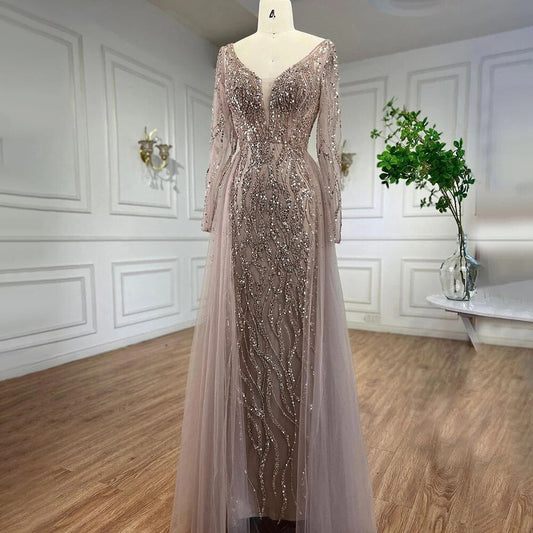 Vestido de noche elegante de sirena con sobrefalda y cuentas, estilo caramelo árabe, de lujo, para mujer, 2025, para fiesta, LA71629A 