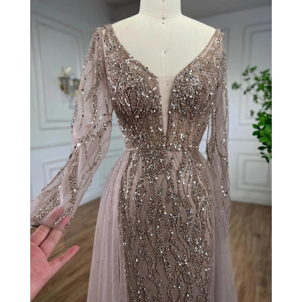 Vestido de noche elegante de sirena con sobrefalda y cuentas, estilo caramelo árabe, de lujo, para mujer, 2025, para fiesta, LA71629A 