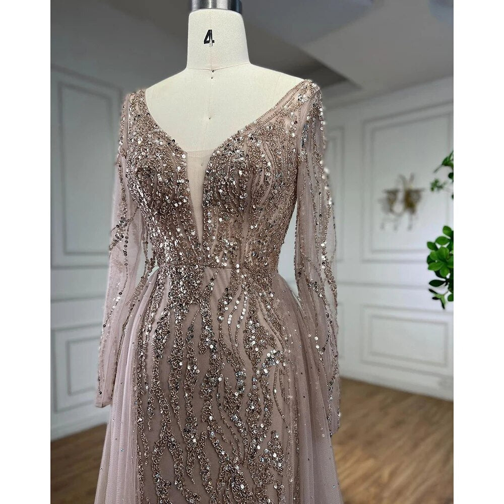 Vestido de noche elegante de sirena con sobrefalda y cuentas, estilo caramelo árabe, de lujo, para mujer, 2025, para fiesta, LA71629A 
