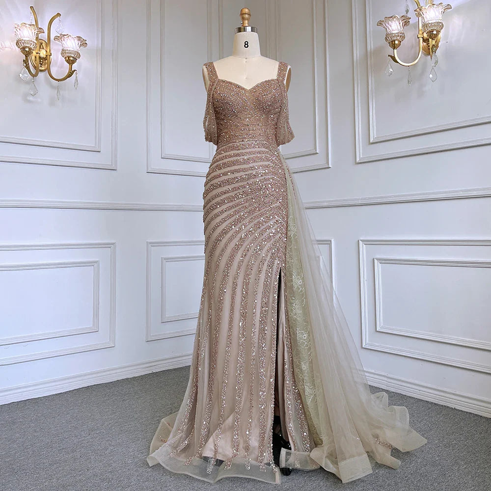 Vestido de noche elegante de lujo con cuentas y abertura alta color caramelo estilo sirena árabe para mujer, fiesta, LA71679, 2025 