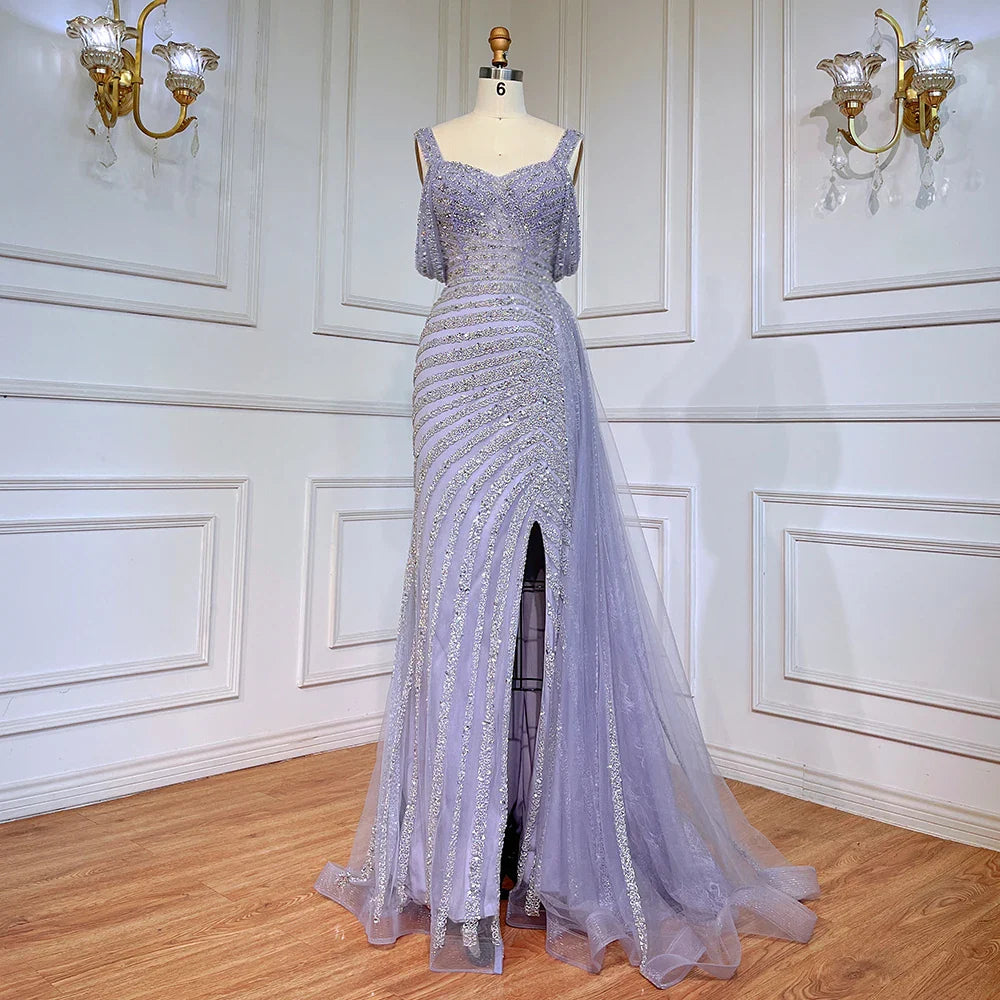 Vestido de noche elegante de lujo con cuentas y abertura alta color caramelo estilo sirena árabe para mujer, fiesta, LA71679, 2025 