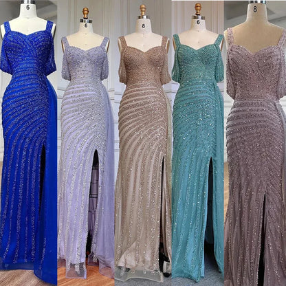 Vestido de noche elegante de lujo con cuentas y abertura alta color caramelo estilo sirena árabe para mujer, fiesta, LA71679, 2025 