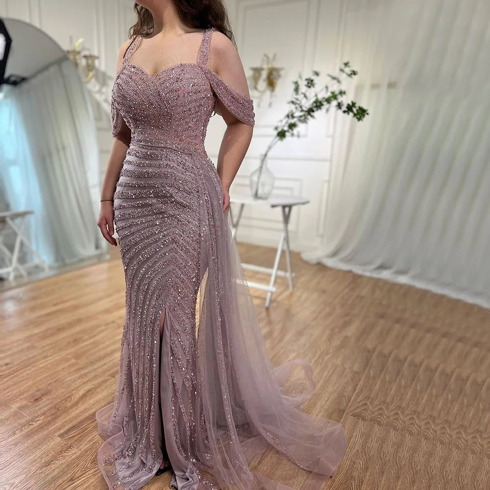 Vestido de noche elegante de lujo con cuentas y abertura alta color caramelo estilo sirena árabe para mujer, fiesta, LA71679, 2025 