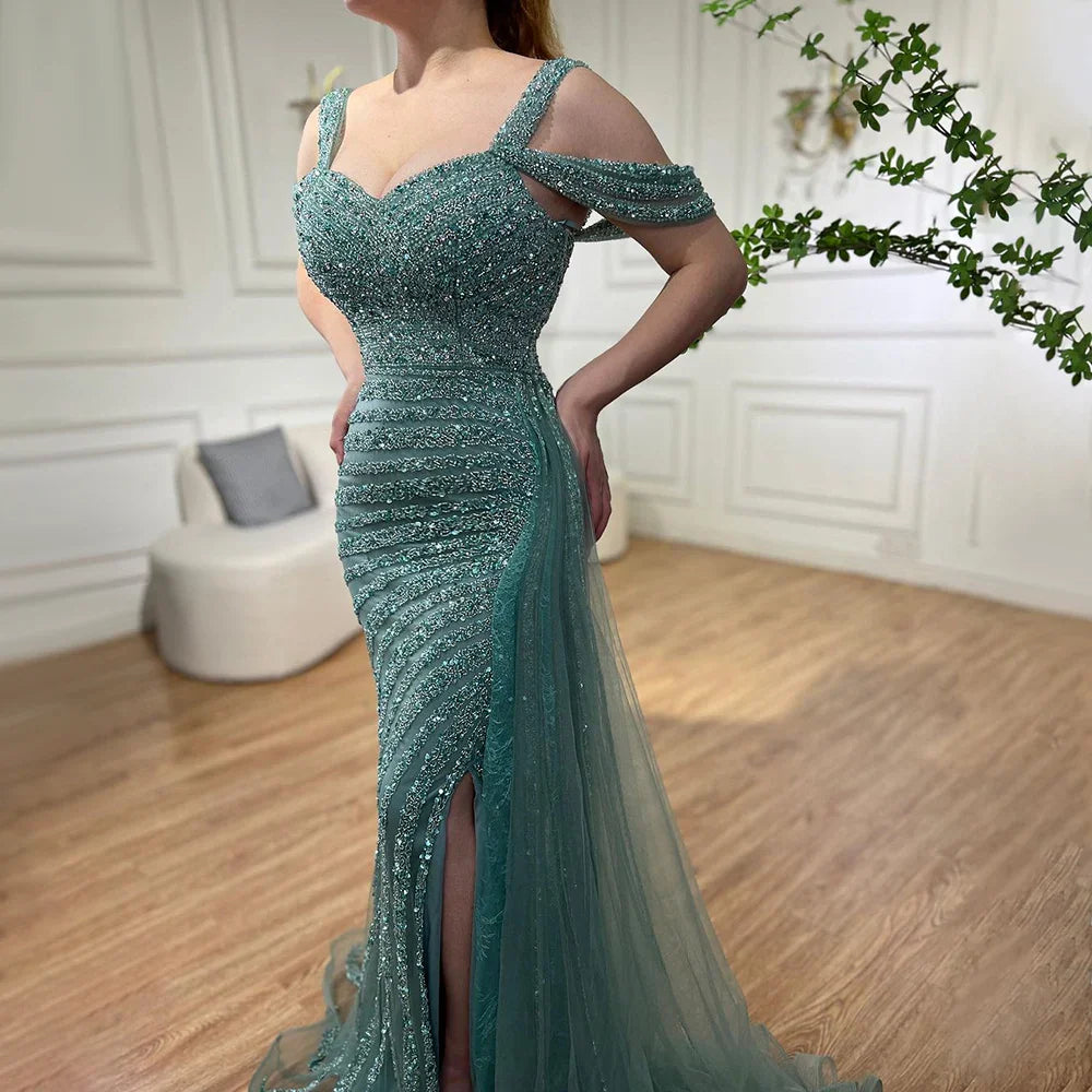 Arabic Caramel Mermaid High Split Elegant Beaded Luxury Evening Dresses Gowns 2025 For Woman Party LA71679