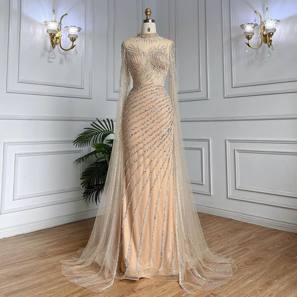 Arabisch Karamell Meerjungfrau Sexy Cape Ärmel Spitze Perlen Lange Abendkleider Kleider 2025 Für Frauen Hochzeit Party LA71885 