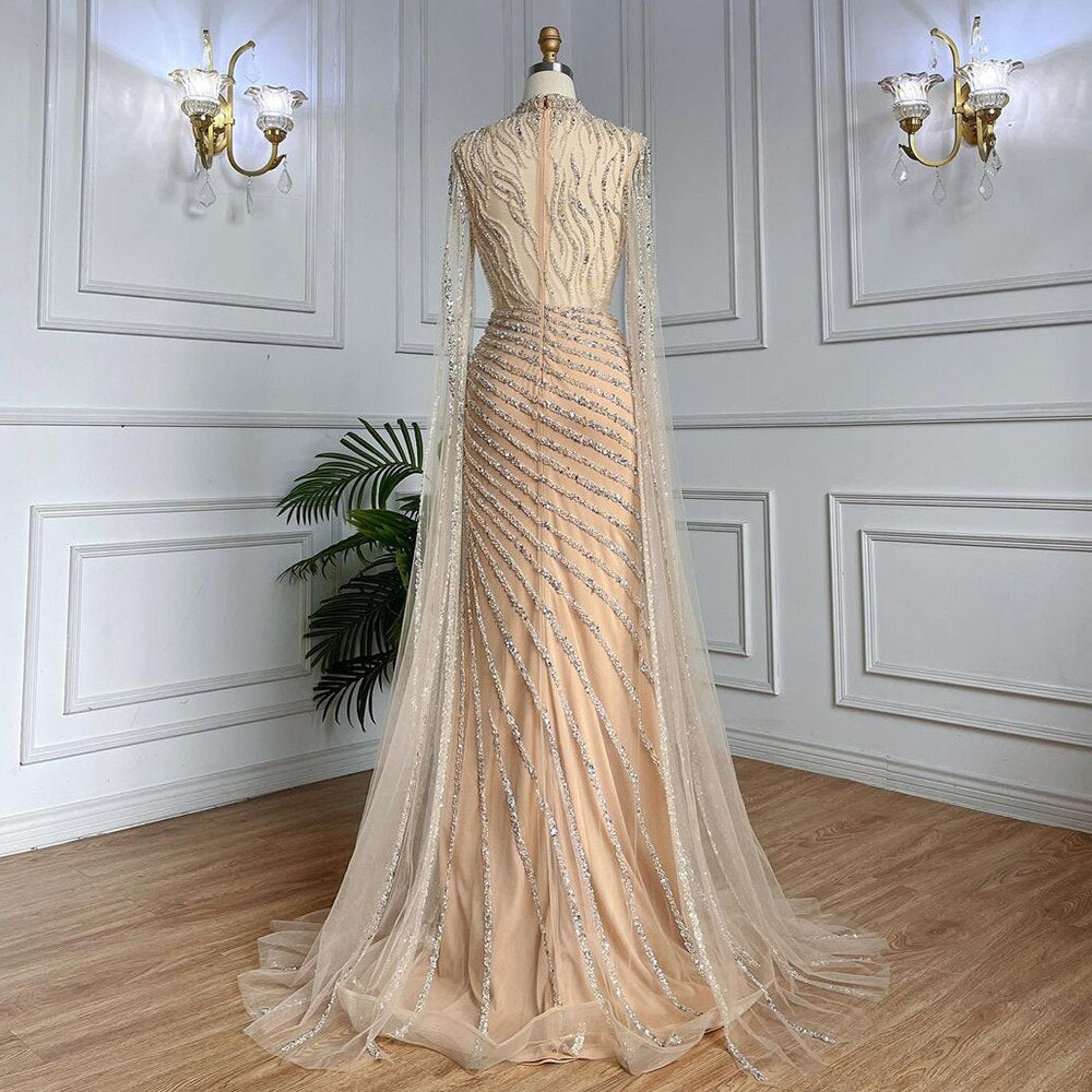 Arabisch Karamell Meerjungfrau Sexy Cape Ärmel Spitze Perlen Lange Abendkleider Kleider 2025 Für Frauen Hochzeit Party LA71885 