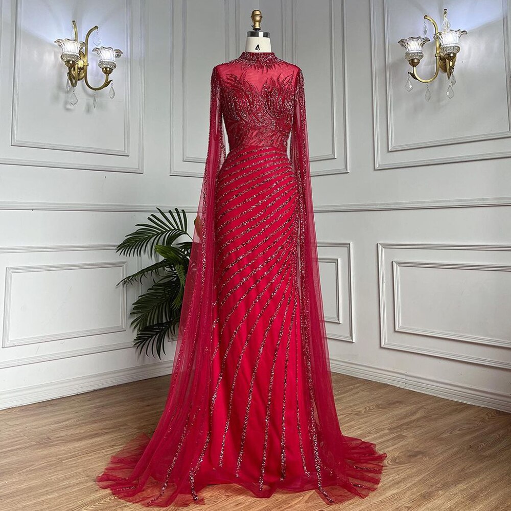 Arabisch Karamell Meerjungfrau Sexy Cape Ärmel Spitze Perlen Lange Abendkleider Kleider 2025 Für Frauen Hochzeit Party LA71885 