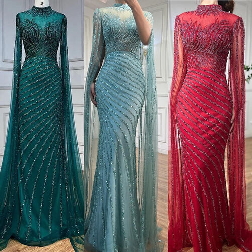 Arabic Caramel Mermaid Sexy Cape Sleeves Lace Beaded Long Evening Dresses Gowns 2025 For Women Wedding Party LA71885