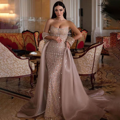 Luxuriöses Champagner-Meerjungfrau-Arabisches Abendkleid für Hochzeitsfeier LA71922