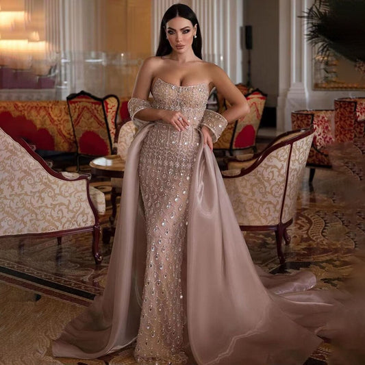 Luxuriöses Champagner-Meerjungfrau-Arabisches Abendkleid für Hochzeitsfeier LA71922