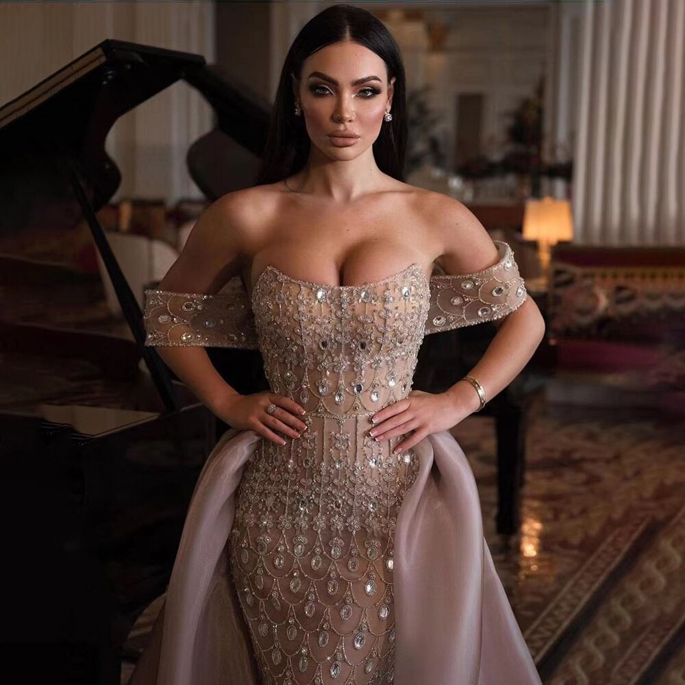 Luxuriöses Champagner-Meerjungfrau-Arabisches Abendkleid für Hochzeitsfeier LA71922
