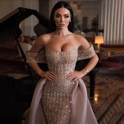 Luxuriöses Champagner-Meerjungfrau-Arabisches Abendkleid für Hochzeitsfeier LA71922
